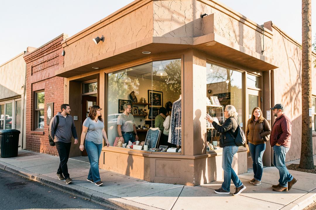 Shoppers outside a welcoming local retail store