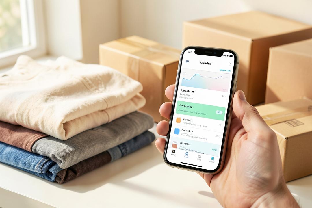 Online retail analytics shown beside clothing and shipping boxes